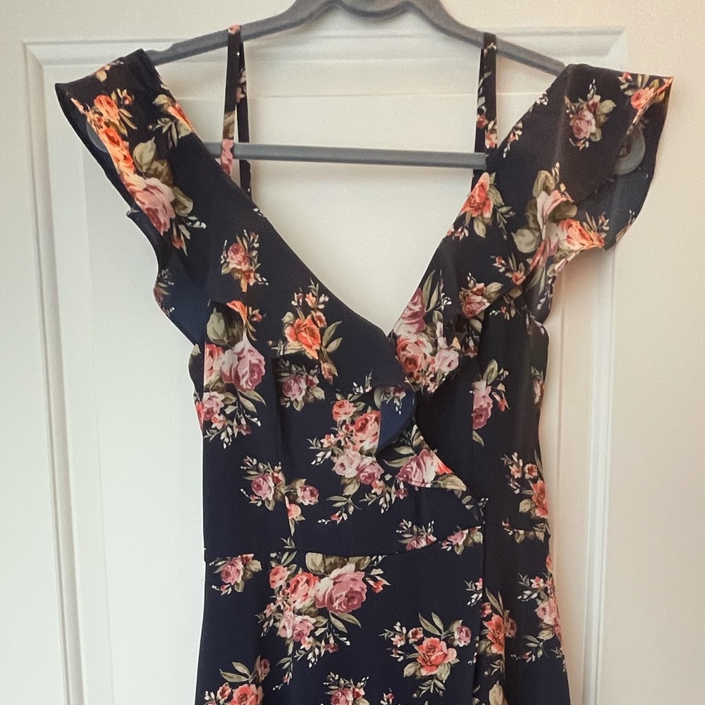 Navy floral high low dress with built in shorts